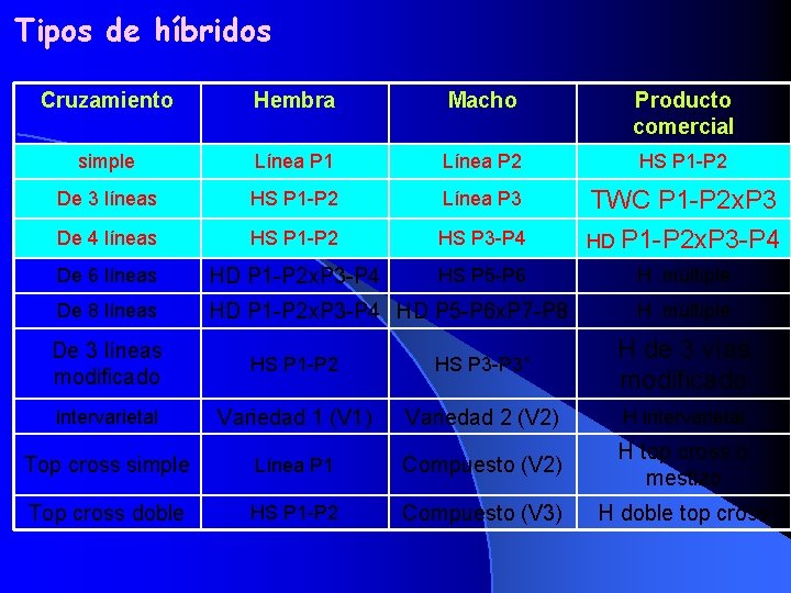 Tipos de híbridos Cruzamiento Hembra Macho Producto comercial simple Línea P 1 Línea P