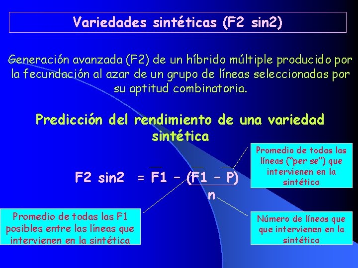Variedades sintéticas (F 2 sin 2) Generación avanzada (F 2) de un híbrido múltiple