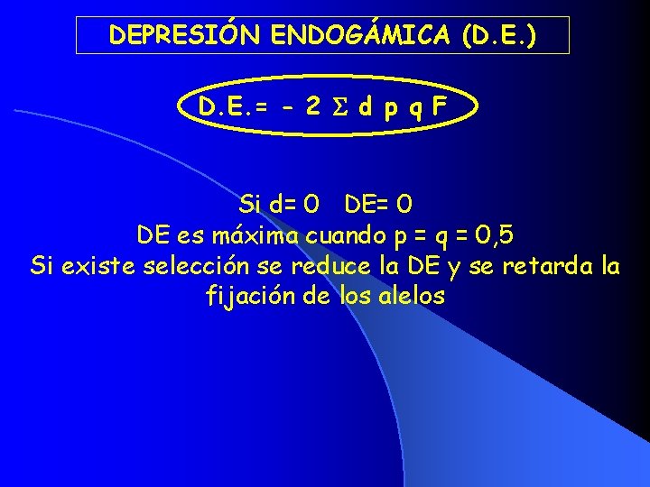 DEPRESIÓN ENDOGÁMICA (D. E. ) D. E. = - 2 d p q F
