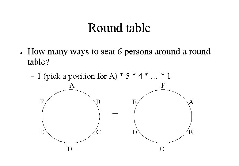 Round table ● How many ways to seat 6 persons around a round table?