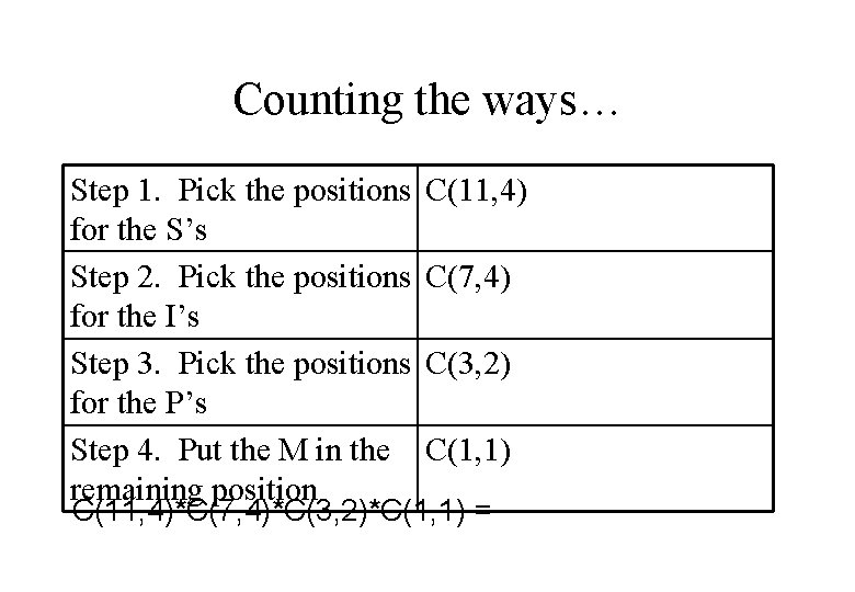 Counting the ways… Step 1. Pick the positions for the S’s Step 2. Pick