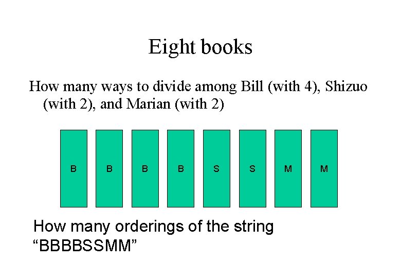 Eight books How many ways to divide among Bill (with 4), Shizuo (with 2),