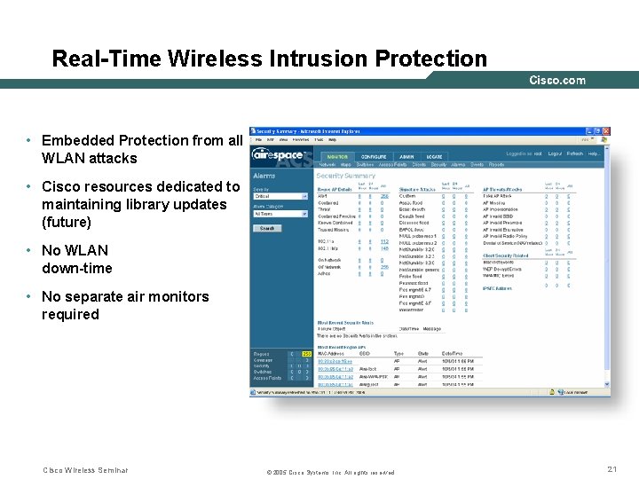 Real-Time Wireless Intrusion Protection • Embedded Protection from all WLAN attacks • Cisco resources