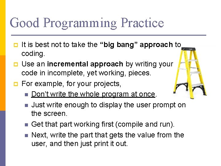 Good Programming Practice p p p It is best not to take the “big