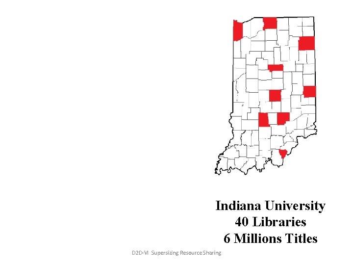 Indiana University 40 Libraries 6 Millions Titles D 2 D-VI Supersizing Resource Sharing 