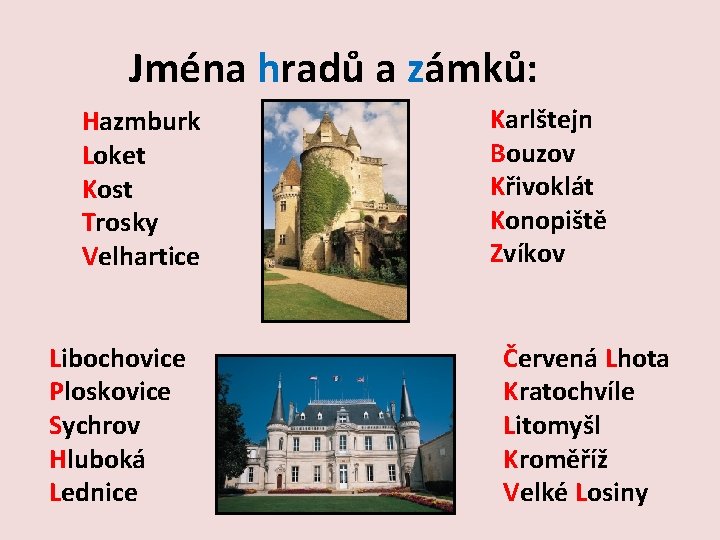 Jména hradů a zámků: Hazmburk Loket Kost Trosky Velhartice Libochovice Ploskovice Sychrov Hluboká Lednice