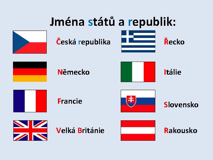 Jména států a republik: Česká republika Řecko Německo Itálie Francie Slovensko Velká Británie Rakousko