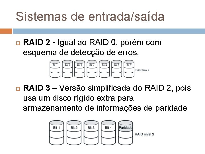 Sistemas de entrada/saída RAID 2 - Igual ao RAID 0, porém com esquema de