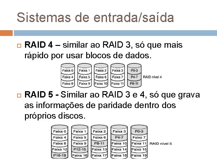 Sistemas de entrada/saída RAID 4 – similar ao RAID 3, só que mais rápido