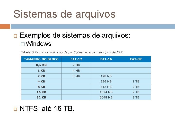 Sistemas de arquivos Exemplos de sistemas de arquivos: � Windows: NTFS: até 16 TB.