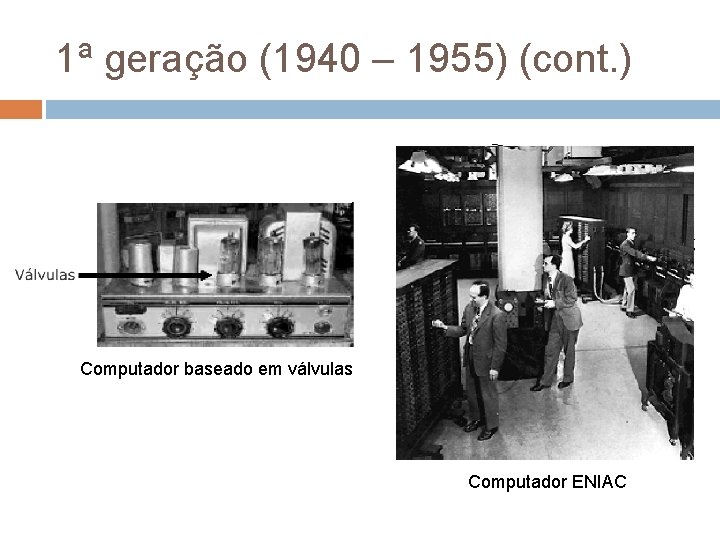 1ª geração (1940 – 1955) (cont. ) Computador baseado em válvulas Computador ENIAC 