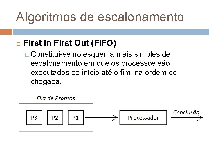 Algoritmos de escalonamento First In First Out (FIFO) � Constitui-se no esquema mais simples