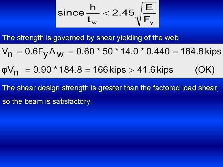 The strength is governed by shear yielding of the web The shear design strength