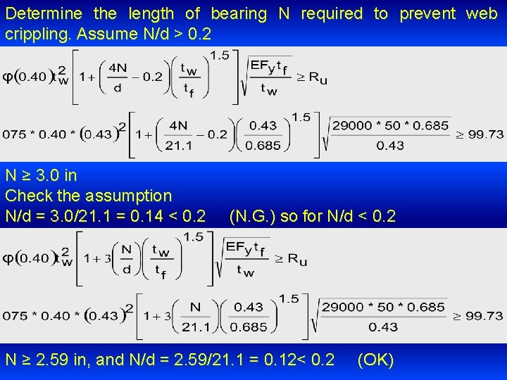 Determine the length of bearing N required to prevent web crippling. Assume N/d >