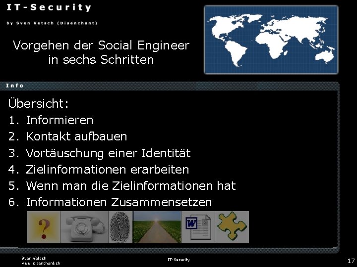 Vorgehen der Social Engineer in sechs Schritten Übersicht: 1. Informieren 2. Kontakt aufbauen 3.