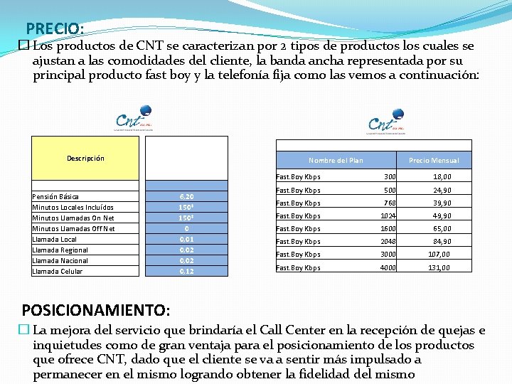 PRECIO: � Los productos de CNT se caracterizan por 2 tipos de productos los