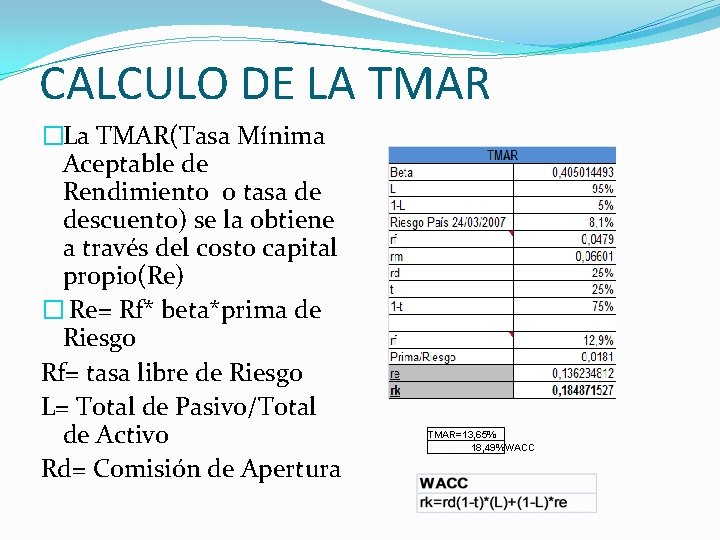 CALCULO DE LA TMAR �La TMAR(Tasa Mínima Aceptable de Rendimiento o tasa de descuento)