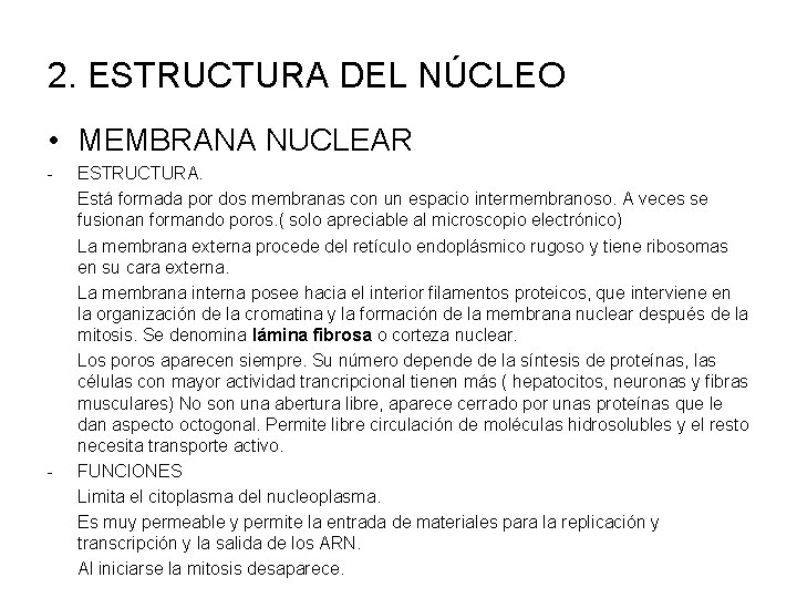 2. ESTRUCTURA DEL NÚCLEO • MEMBRANA NUCLEAR - - ESTRUCTURA. Está formada por dos