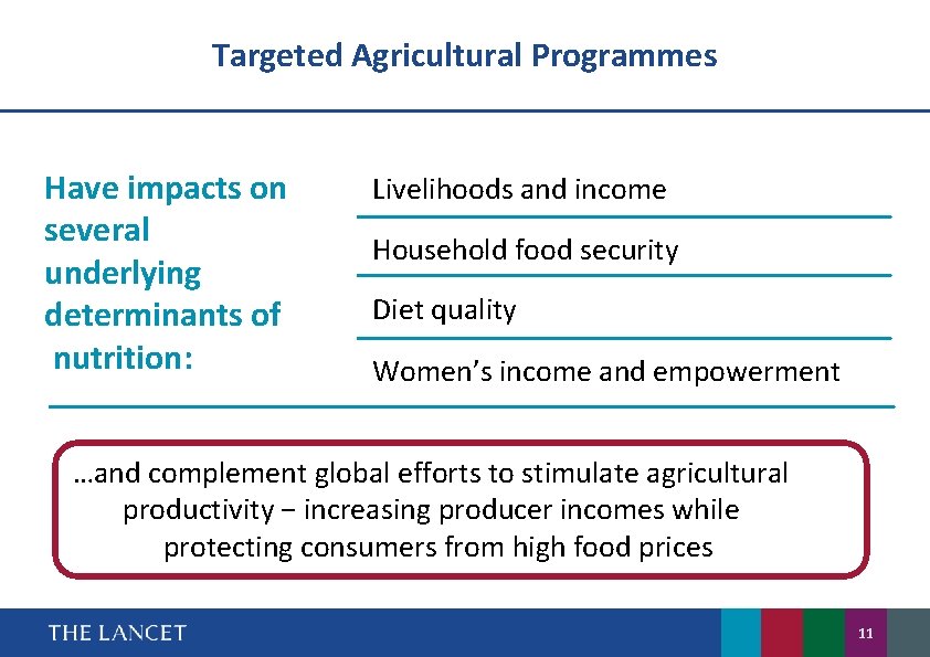 Targeted Agricultural Programmes Have impacts on several underlying determinants of nutrition: Livelihoods and income