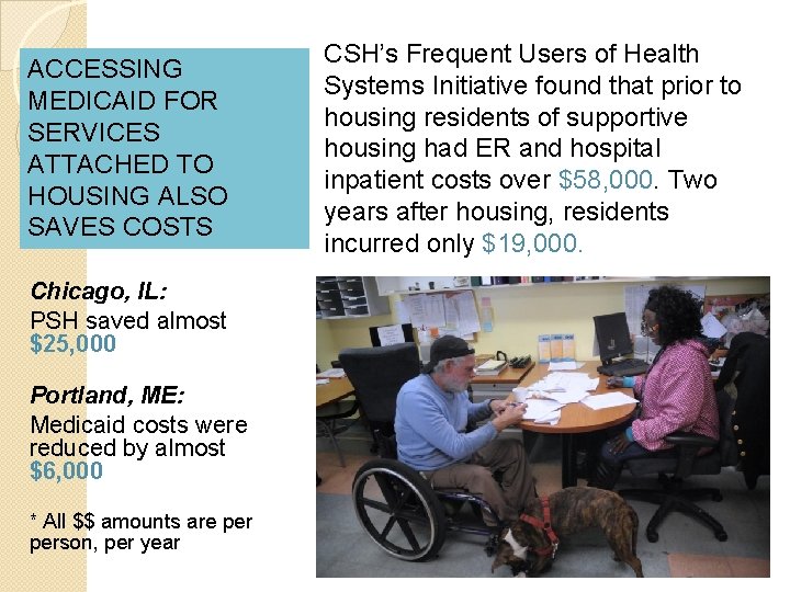 ACCESSING MEDICAID FOR SERVICES ATTACHED TO HOUSING ALSO SAVES COSTS Chicago, IL: PSH saved