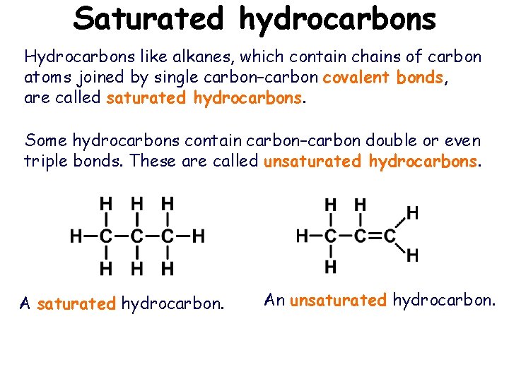 Saturated hydrocarbons Hydrocarbons like alkanes, which contain chains of carbon atoms joined by single