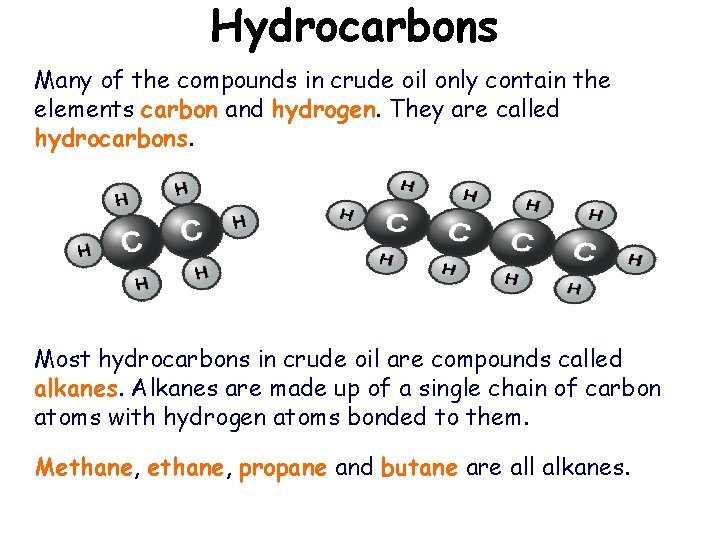 Hydrocarbons Many of the compounds in crude oil only contain the elements carbon and