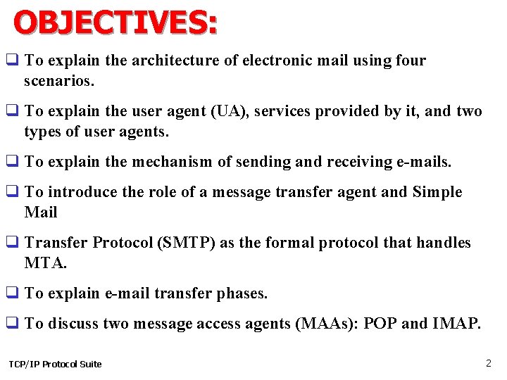 OBJECTIVES: q To explain the architecture of electronic mail using four scenarios. q To