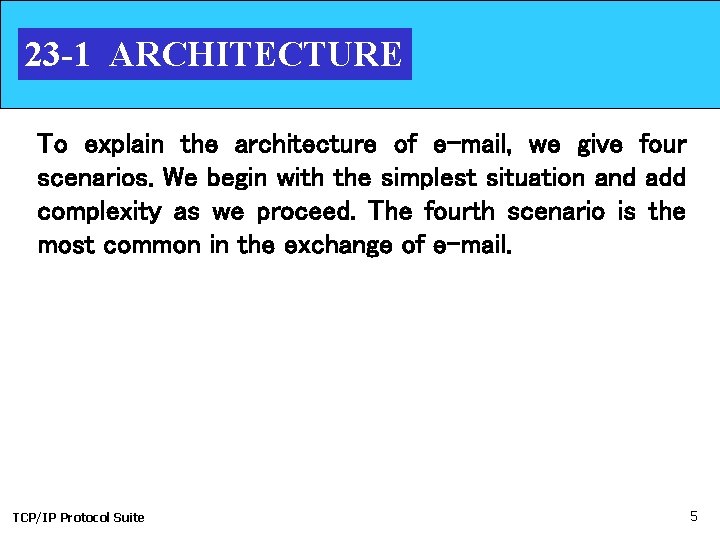 23 -1 ARCHITECTURE To explain the architecture of e-mail, we give four scenarios. We