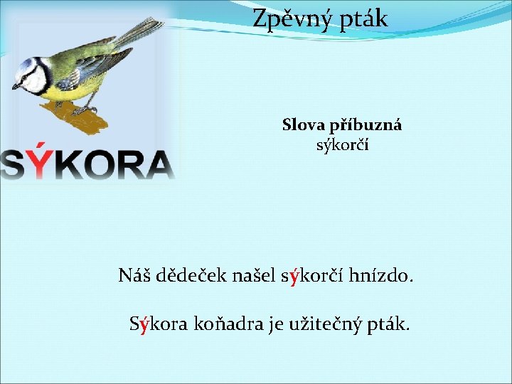 Zpěvný pták Slova příbuzná sýkorčí Náš dědeček našel sýkorčí hnízdo. Sýkora koňadra je užitečný