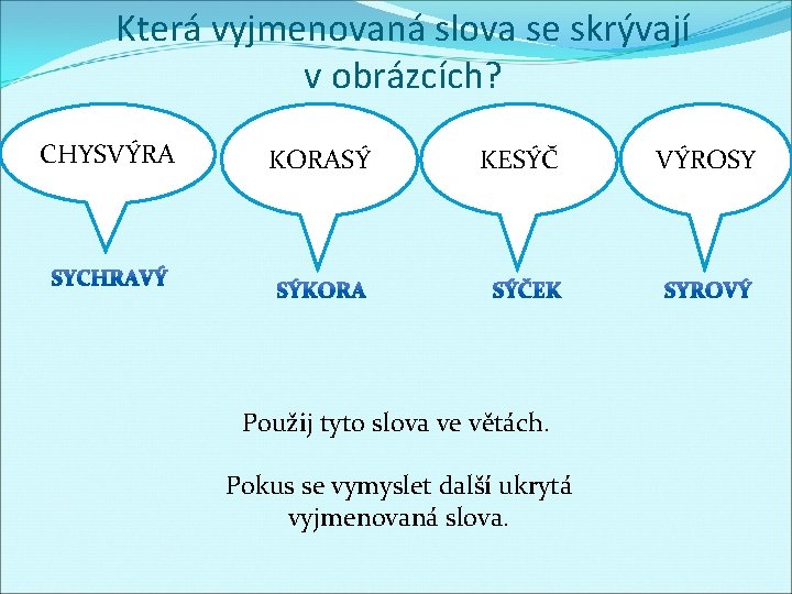 Která vyjmenovaná slova se skrývají v obrázcích? CHYSVÝRA KORASÝ KESÝČ Použij tyto slova ve