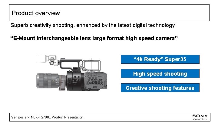 Product overview Superb creativity shooting, enhanced by the latest digital technology “E-Mount interchangeable lens