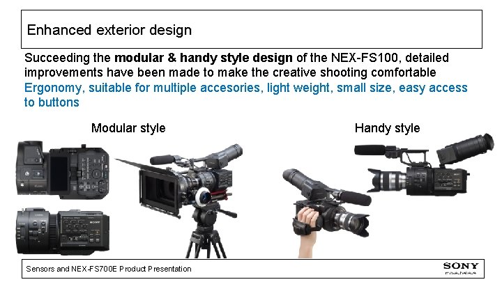 Enhanced exterior design Succeeding the modular & handy style design of the NEX-FS 100,