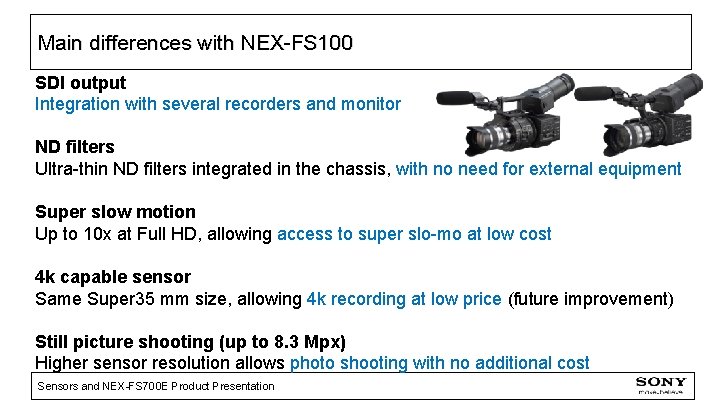 Main differences with NEX-FS 100 SDI output Integration with several recorders and monitor ND