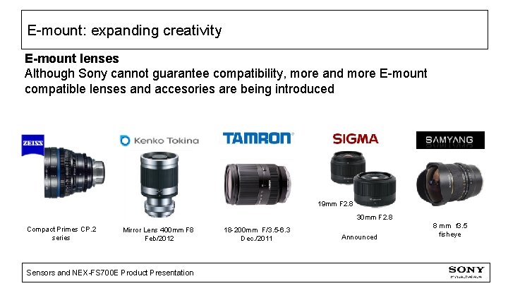 E-mount: expanding creativity E-mount lenses Although Sony cannot guarantee compatibility, more and more E-mount
