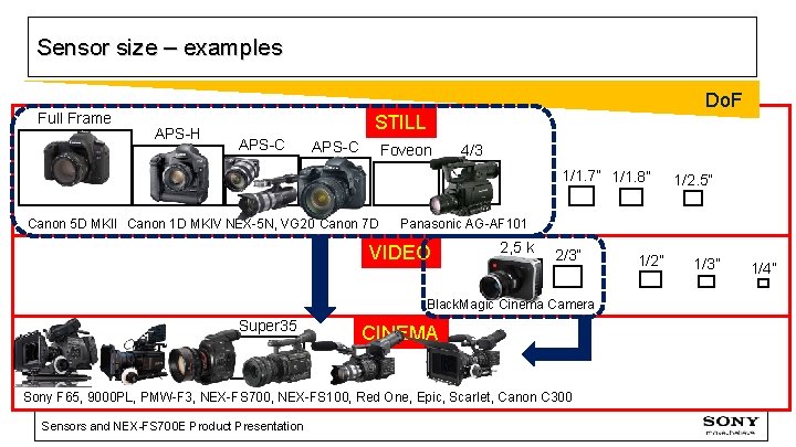 Sensor size – examples Full Frame Do. F APS-H STILL APS-C Foveon 4/3 1/1.