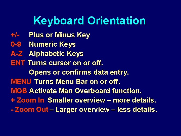 Keyboard Orientation +/- Plus or Minus Key 0 -9 Numeric Keys A-Z Alphabetic Keys