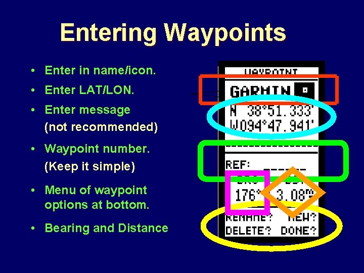 Entering Waypoints • Enter in name/icon. • Enter LAT/LON. • Enter message (not recommended)