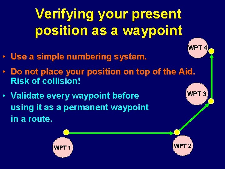 Verifying your present position as a waypoint • Use a simple numbering system. WPT