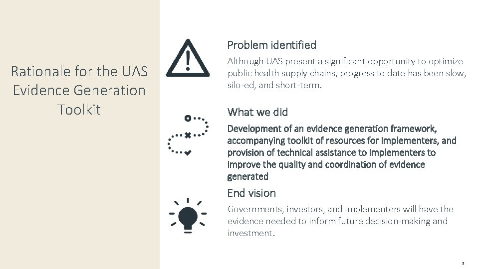 Problem identified Rationale for the UAS Evidence Generation Toolkit Although UAS present a significant