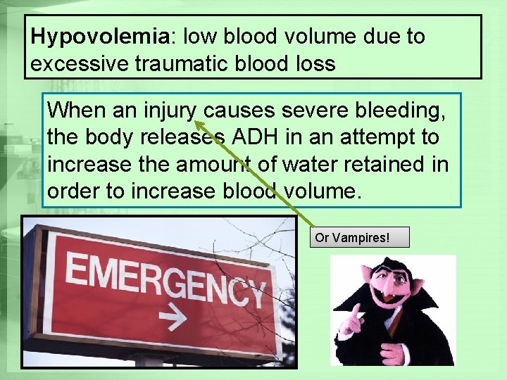 Hypovolemia: low blood volume due to excessive traumatic blood loss When an injury causes