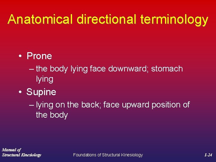 Anatomical directional terminology • Prone – the body lying face downward; stomach lying •