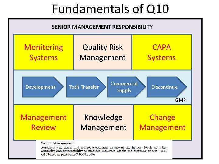 Fundamentals of Q 10 SENIOR MANAGEMENT RESPONSIBILITY Monitoring Systems Development Quality Risk Management Commercial