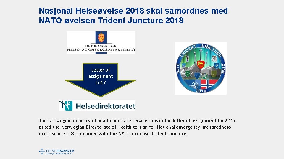 Nasjonal Helseøvelse 2018 skal samordnes med NATO øvelsen Trident Juncture 2018 Letter of assignment