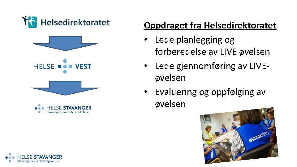 Oppdraget fra Helsedirektoratet • Lede planlegging og forberedelse av LIVE øvelsen • Lede gjennomføring