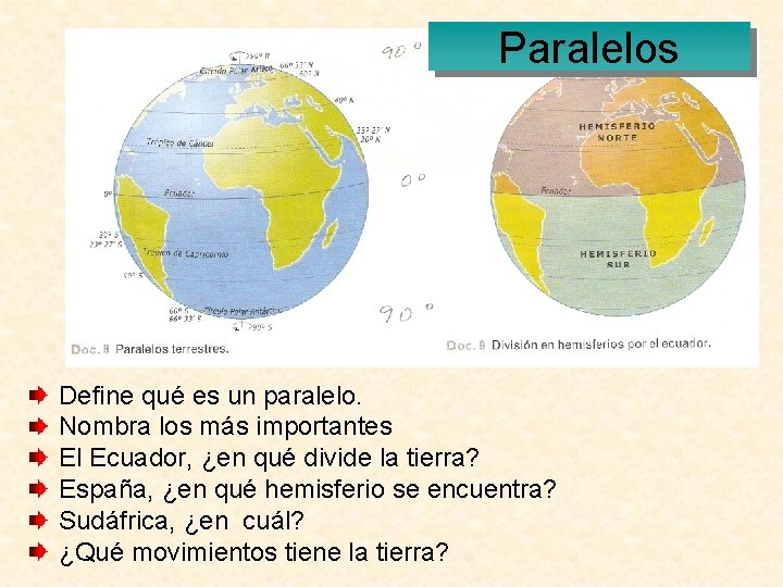 Paralelos Define qué es un paralelo. Nombra los más importantes El Ecuador, ¿en qué Paralelos Define qué es un paralelo. Nombra los más importantes El Ecuador, ¿en qué