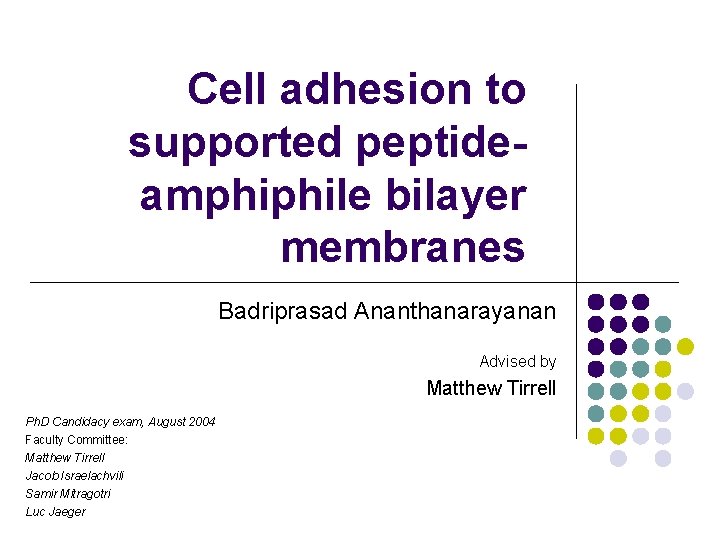 Cell adhesion to supported peptideamphiphile bilayer membranes Badriprasad Ananthanarayanan Advised by Matthew Tirrell Ph.