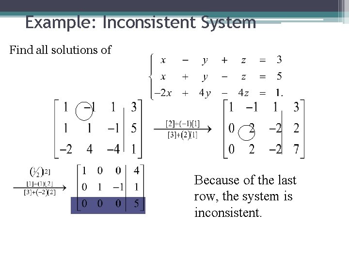 Example: Inconsistent System Find all solutions of Because of the last row, the system