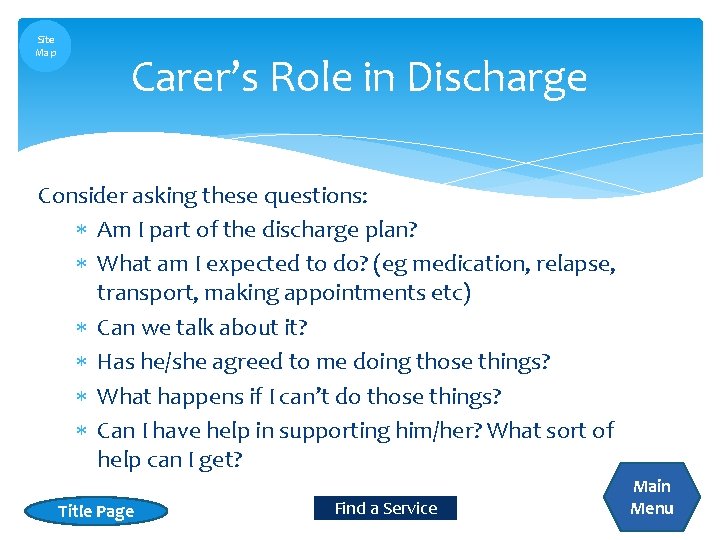 Site Map Carer’s Role in Discharge Consider asking these questions: Am I part of