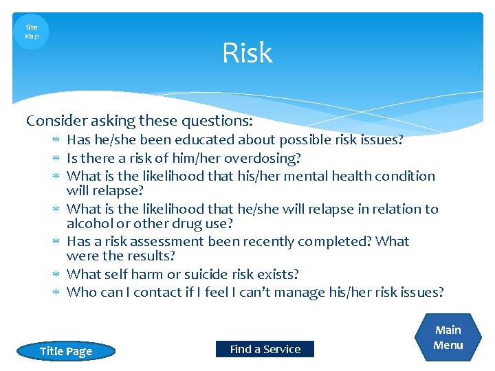 Site Map Risk Consider asking these questions: Has he/she been educated about possible risk Site Map Risk Consider asking these questions: Has he/she been educated about possible risk