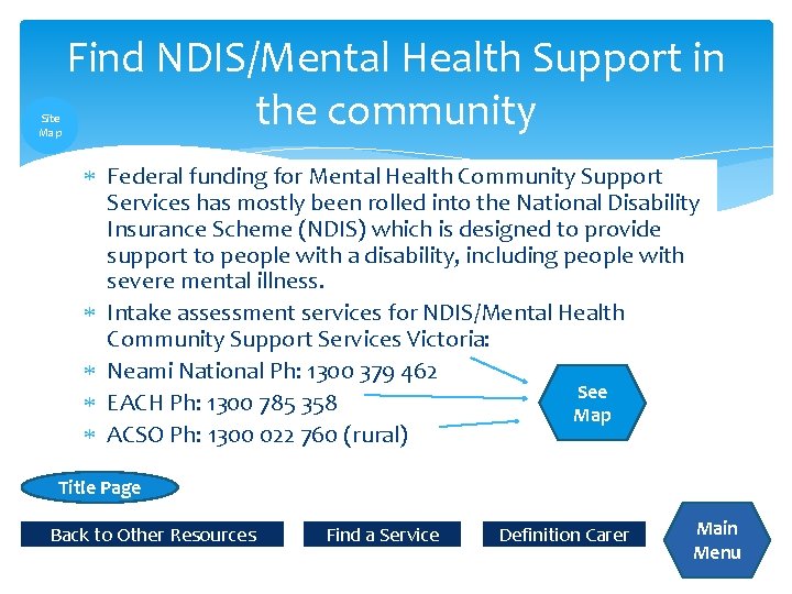 Site Map Find NDIS/Mental Health Support in the community Federal funding for Mental Health